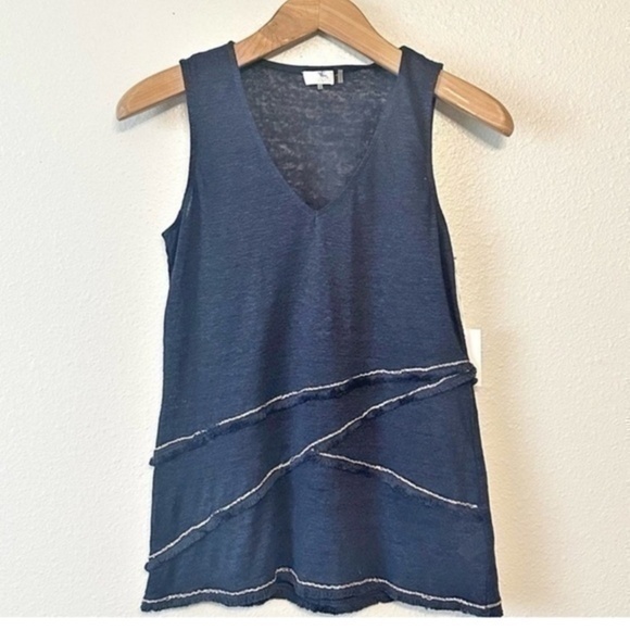 Ecru Linen Navy Tank with Silver Metallic Detail Fringe Women's Size XS NEW - Picture 1 of 11
